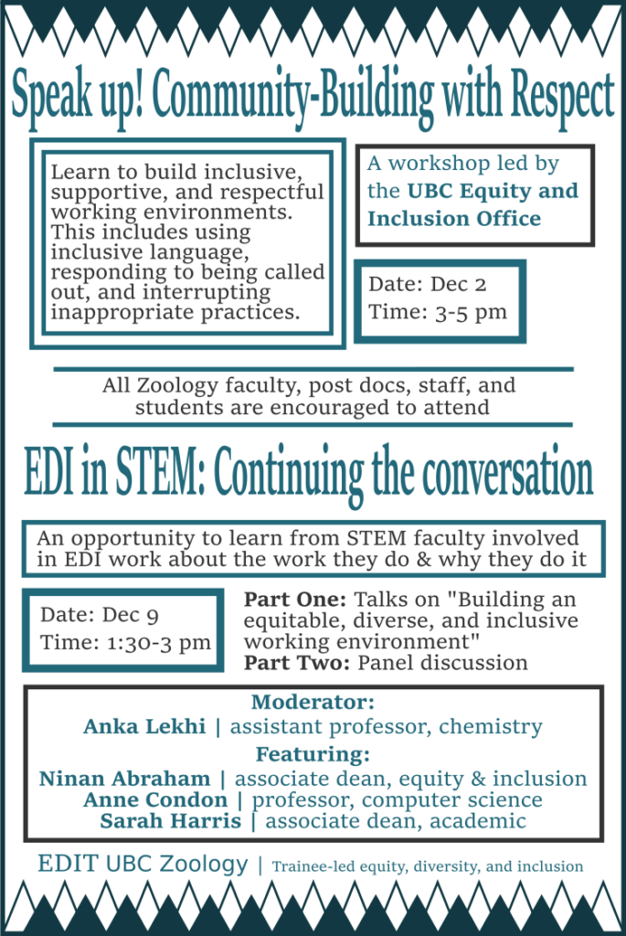 A poster by Stephanie Blain about the Dec2 EIO workshop and the Dec9 EDI panel discussion